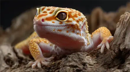 Close-up of a leopard gecko perched on a textured surface, captured in stunning 4K Ultra HD, showcasing the reptile's detailed skin and vibrant colors.