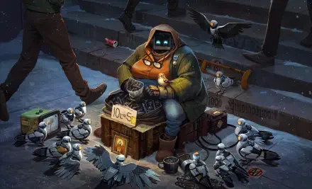 Cyberpunk HD desktop wallpaper featuring a robotic figure in a hoodie feeding a flock of artistic, futuristic pigeons on urban steps at night.