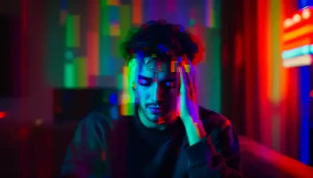 A man holding his head in pain amid colorful, blurred lights, representing a headache in a vivid 4K Ultra HD PC desktop wallpaper and background.