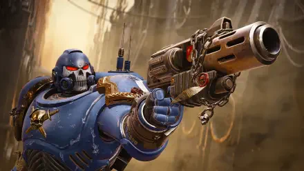 4K Ultra HD wallpaper featuring a heavily armored Space Marine from the video game Warhammer 40K: Space Marine 2, aiming a large futuristic weapon.