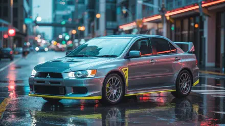 A sleek Mitsubishi sedan parked on a wet city street at night, captured in stunning 4K Ultra HD for a vibrant PC desktop wallpaper background.