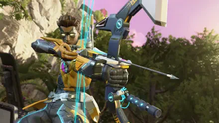 4K Ultra HD desktop wallpaper of Sparrow from Apex Legends, depicted as an archer aiming a high-tech bow in a vibrant outdoor setting.