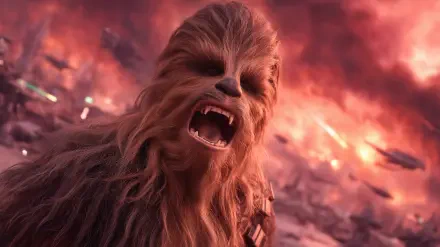 HD Star Wars desktop wallpaper featuring Chewbacca roaring fiercely amidst a fiery battle background.