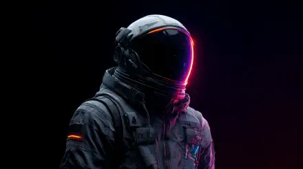 Sci-fi astronaut in a detailed space suit illuminated by neon pink and orange lights, set against a dark background, captured in 4K Ultra HD for a PC desktop wallpaper.