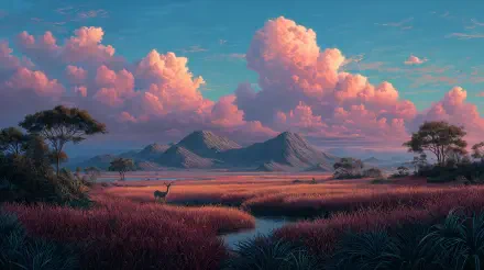 4K Ultra HD PC desktop wallpaper featuring a serene savanna landscape at sunset with distant mountains, pink clouds, and scattered acacia trees.