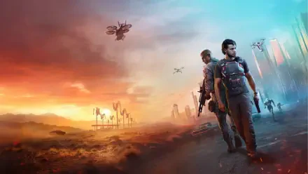 4K Ultra HD gaming art from MindsEye featuring armed characters facing a futuristic battlefield with drones and towering structures under a dramatic sky.