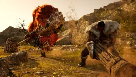 HD PC desktop wallpaper from the video game Vindictus: Defying Fate, depicting a fierce battle scene between a warrior and a large fiery creature in a rocky outdoor setting.