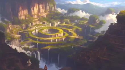 Anime-style HD desktop wallpaper featuring a vast, spiraling labyrinth set within a dramatic mountainous landscape under a cloudy sky.