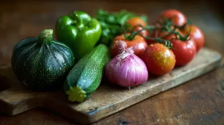 A vibrant assortment of fresh vegetables, including tomatoes, green bell pepper, onion, zucchini, and round squash, displayed on a wooden cutting board in 4K Ultra HD.