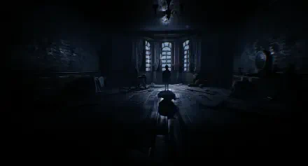 HD PC desktop wallpaper from the video game The Dark Occult, depicting a dark, eerie room with a shadowy figure standing near tall windows.