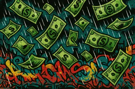 4K Ultra HD PC desktop wallpaper featuring vibrant raining money over colorful graffiti, creating a dynamic and bold background scene.