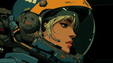 Close-up of a woman astronaut in a futuristic helmet, rendered in vibrant sci-fi style for a 4K Ultra HD PC desktop wallpaper.