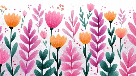 A vibrant spring pattern with pink and orange flowers and green leaves, designed as a 4K Ultra HD PC desktop wallpaper and background.