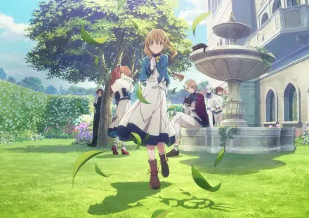 Anime — Secrets of the Silent Witch; 2K Quad HD PC desktop wallpaper and background featuring a maid-clad girl running through a sunlit garden by a stone fountain as green leaves swirl.
