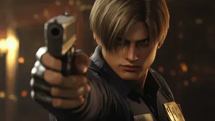 HD PC desktop wallpaper featuring Leon S. Kennedy from the Resident Evil video game, aiming a handgun with intense focus.