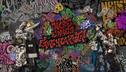 HD anime desktop wallpaper featuring characters from Gachiakuta against a vibrant graffiti-covered urban wall background.