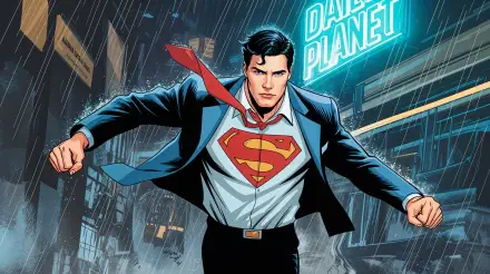 4K Ultra HD wallpaper featuring Clark Kent in mid-transformation to Superman, running through rain with the Daily Planet building illuminated in the background.