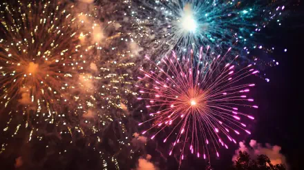 Vibrant, colorful fireworks burst in the night sky, captured in an HD PC desktop wallpaper celebrating a festive moment.