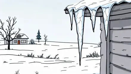 4K Ultra HD PC desktop wallpaper featuring large icicles hanging from a snowy roof with a winter landscape of snow-covered ground, trees, and a distant house.