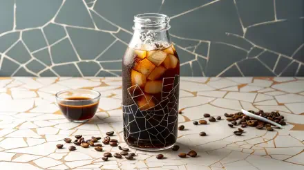 4K Ultra HD desktop wallpaper featuring a glass bottle of cold brew coffee with ice, surrounded by scattered coffee beans and a small cup of espresso on a tiled surface.