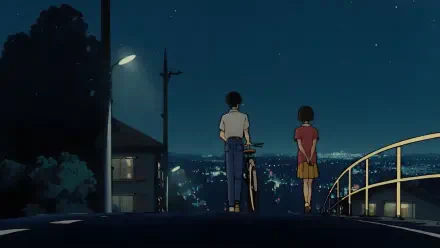 4K Ultra HD anime wallpaper featuring a nighttime scene from Whisper of the Heart, showing two characters standing by a railing overlooking a cityscape under a starry sky.