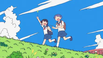 HD PC desktop wallpaper featuring two cheerful anime schoolgirls running on a grassy hill under a bright blue sky, inspired by City the Animation.