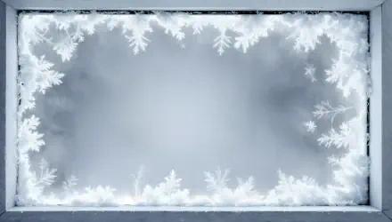4K Ultra HD desktop wallpaper featuring a frosty window frame with intricate ice crystals and soft, blurred cold tones in the center.