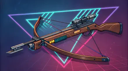 A detailed 4K Ultra HD PC desktop wallpaper featuring a futuristic crossbow with wood and metal elements set against a neon geometric background.