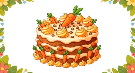 4K Ultra HD wallpaper featuring a detailed, colorful illustration of a layered carrot cake with cream frosting, piped decorations, and carrot toppings on a white background.