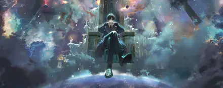 Anime-style HD PC desktop wallpaper featuring a mysterious figure seated on a throne surrounded by floating candles and ethereal clouds from Lord of Mysteries.