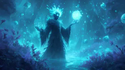 A glowing mage conjures a magical orb in a mystical, blue-hued fantasy forest, captured in stunning 4K Ultra HD detail as a striking PC desktop wallpaper.
