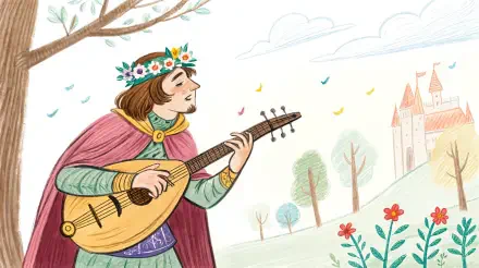 4K Ultra HD PC desktop wallpaper of a bard playing a lute in a colorful, whimsical landscape with flowers, trees, and a distant castle.