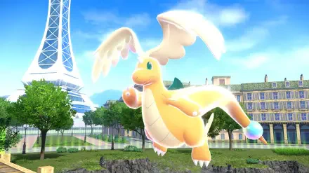 HD PC wallpaper from Pokémon Legends Z-A featuring Mega Dragonite soaring over a city park with the Eiffel Tower in the background.