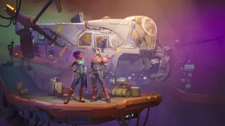 4K Ultra HD Wildgate video game wallpaper featuring two characters standing on a platform beside a futuristic aircraft in a vibrant, sci-fi environment.