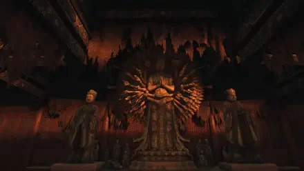 HD PC desktop wallpaper from the video game Wuchang: Fallen Feathers features a dimly lit, intricate Buddha statue with multiple arms surrounded by smaller statues.