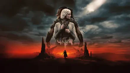 Predator: Badlands 4K Ultra HD PC desktop wallpaper featuring a dramatic desert landscape with a mysterious cloaked figure and two larger characters looming above.