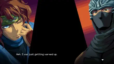 HD PC desktop wallpaper from the video game NINJA GAIDEN: Ragebound, featuring two characters against a vibrant sunset background with dialogue text at the bottom.