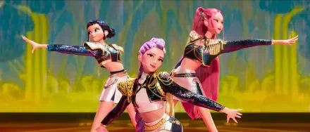 HD PC desktop wallpaper featuring animated characters from the KPop Demon Hunters movie in dynamic, colorful poses.