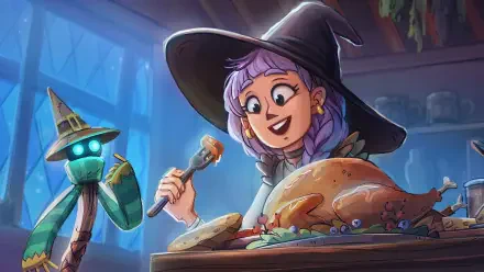 HD PC desktop wallpaper from the video game Magic Inn featuring a cheerful witch enjoying a festive meal with a glowing robot companion.