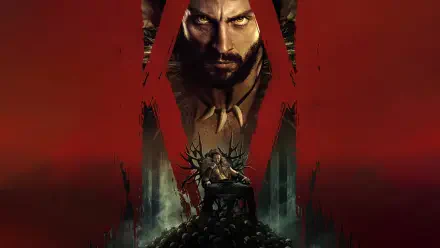 Kraven the Hunter (2024) 4K Ultra HD PC desktop wallpaper featuring a fierce portrait with dark tones and intense red highlights.