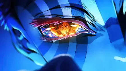 Close-up of a blue demon eye reflecting Tanjiro from Demon Slayer: Kimetsu No Yaiba – The Movie: Infinity Castle, rendered as an 8K Ultra HD PC desktop wallpaper.