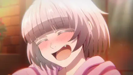 Anime HD PC wallpaper featuring Haru Nanakusa from Call of the Night, smiling joyfully with eyes closed and a soft blush on her cheeks.