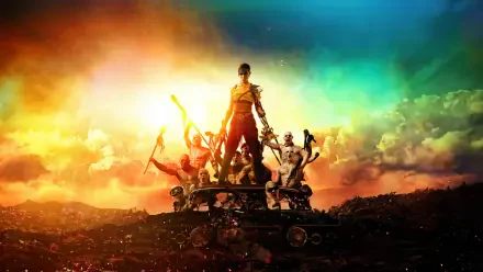 Furiosa: A Mad Max Saga 4K Ultra HD PC desktop wallpaper featuring a group of rugged characters on a vehicle against a dramatic, colorful sky.