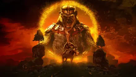 4K Ultra HD Kingdom of the Planet of the Apes wallpaper featuring a fierce ape king with a glowing halo and warrior on horseback framed by rocky pillars under a fiery sky.
