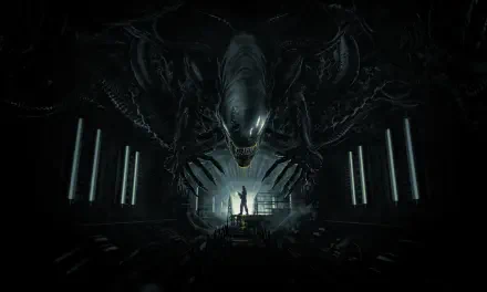 4K Ultra HD Alien: Romulus wallpaper depicting a dark, eerie scene with a massive alien creature looming over a small silhouetted figure in a futuristic industrial setting.