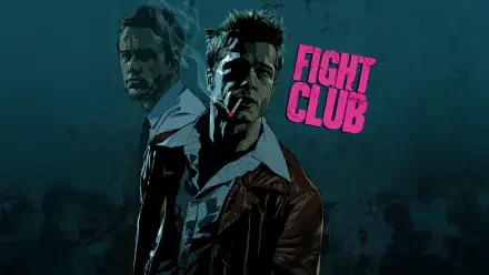 4K Ultra HD Fight Club PC desktop wallpaper featuring a stylized illustration of two men, one smoking, with bold pink Fight Club text on a dark blue background.