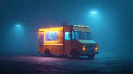 4K Ultra HD PC desktop wallpaper: lone illuminated yellow food truck parked under blue streetlights in a foggy night, neon glow reflecting on wet pavement.