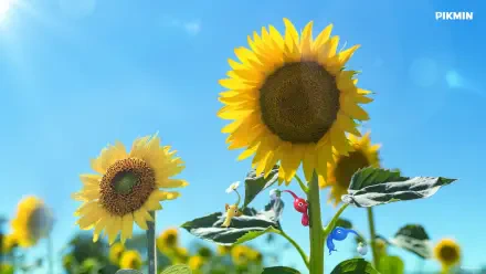 HD PC desktop wallpaper and background: Pikmin peeking from sunflower stems in a bright field under a clear blue sky.