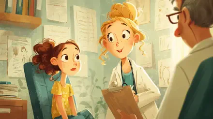 4K Ultra HD PC desktop wallpaper background: cheerful pediatrician doctor with stethoscope smiling at a young patient in a colorful clinic, clipboard in hand.