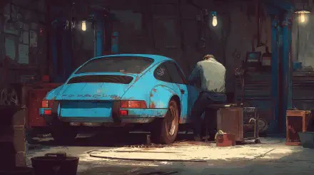 4K Ultra HD PC desktop wallpaper and background: a car mechanic working on a weathered blue vintage sports car in a dim, cluttered garage lit by hanging bulbs.